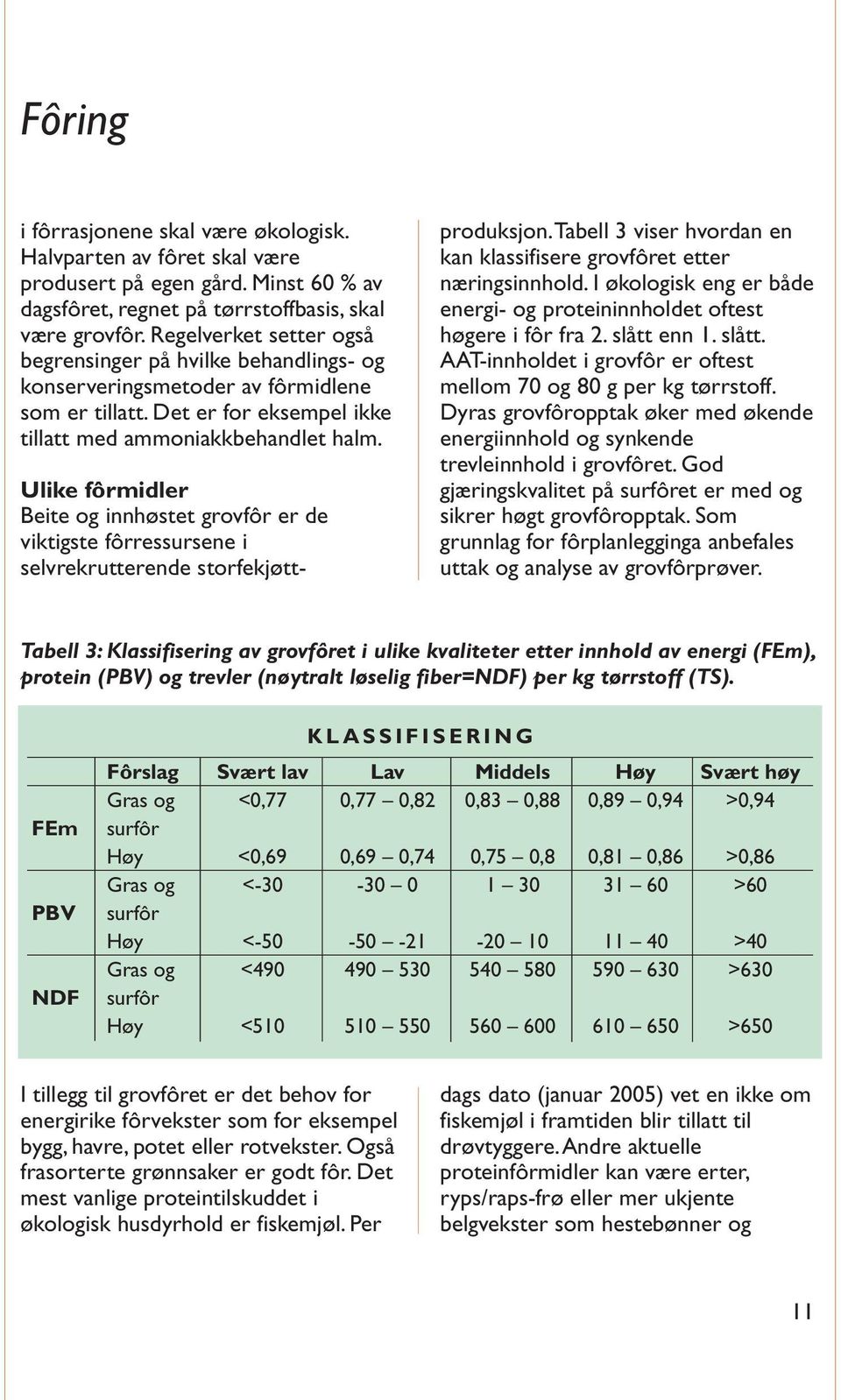 Ulike fôrmidler Beite og innhøstet grovfôr er de viktigste fôrressursene i selvrekrutterende storfekjøttproduksjon.tabell 3 viser hvordan en kan klassifisere grovfôret etter næringsinnhold.