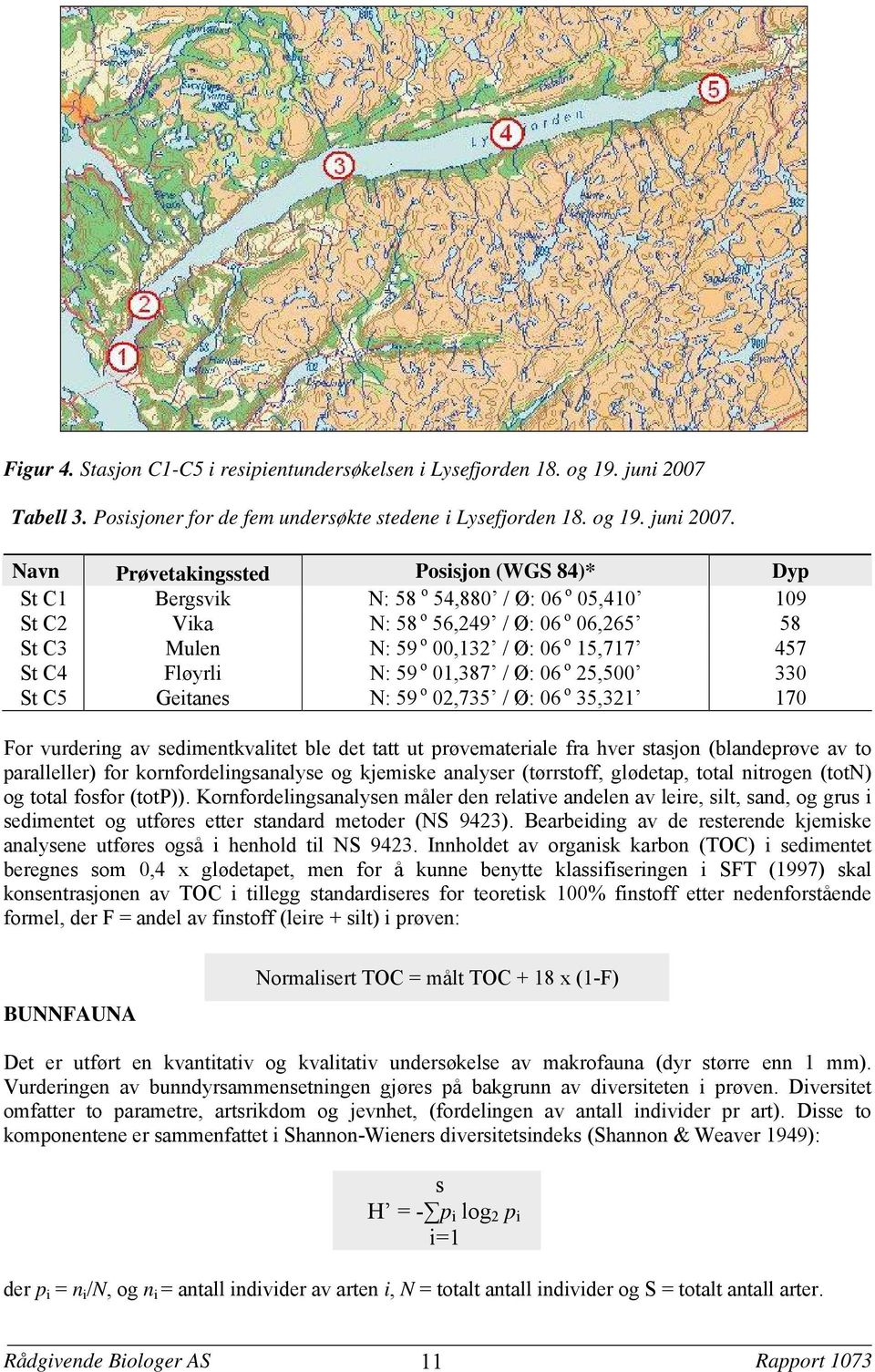 Navn Prøvetakingssted Posisjon (WGS 84)* Dyp St C1 Bergsvik N: 58 o 54880 / Ø: 06 o 05410 109 St C2 Vika N: 58 o 56249 / Ø: 06 o 06265 58 St C3 Mulen N: 59 o 00132 / Ø: 06 o 15717 457 St C4 Fløyrli