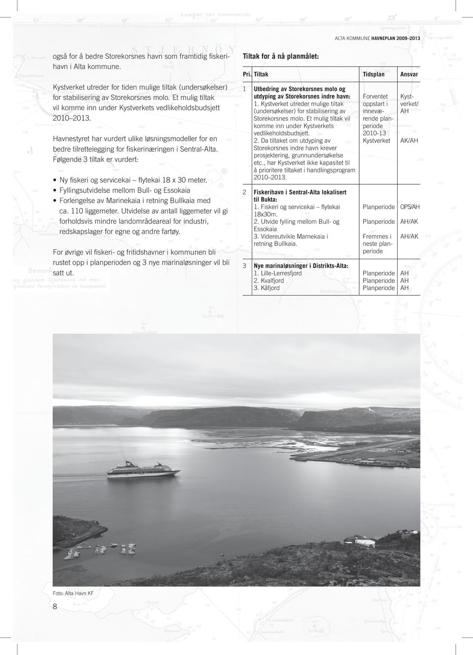 Havnestyret har vurdert ulike løsningsmodeller for en bedre tilrettelegging for fiskerinæringen i Sentral-Alta. Følgende 3 tiltak er vurdert: Ny fiskeri og servicekai flytekai 8 x 30 meter.