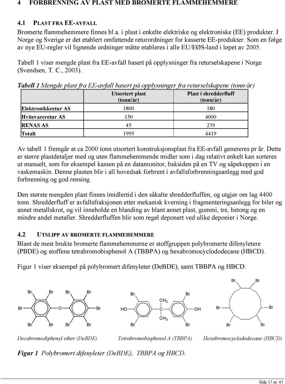 Tabell 1 viser mengde plast fra EE-avfall basert på opplysninger fra returselskapene i Norge (Svendsen, T. C., 2003).