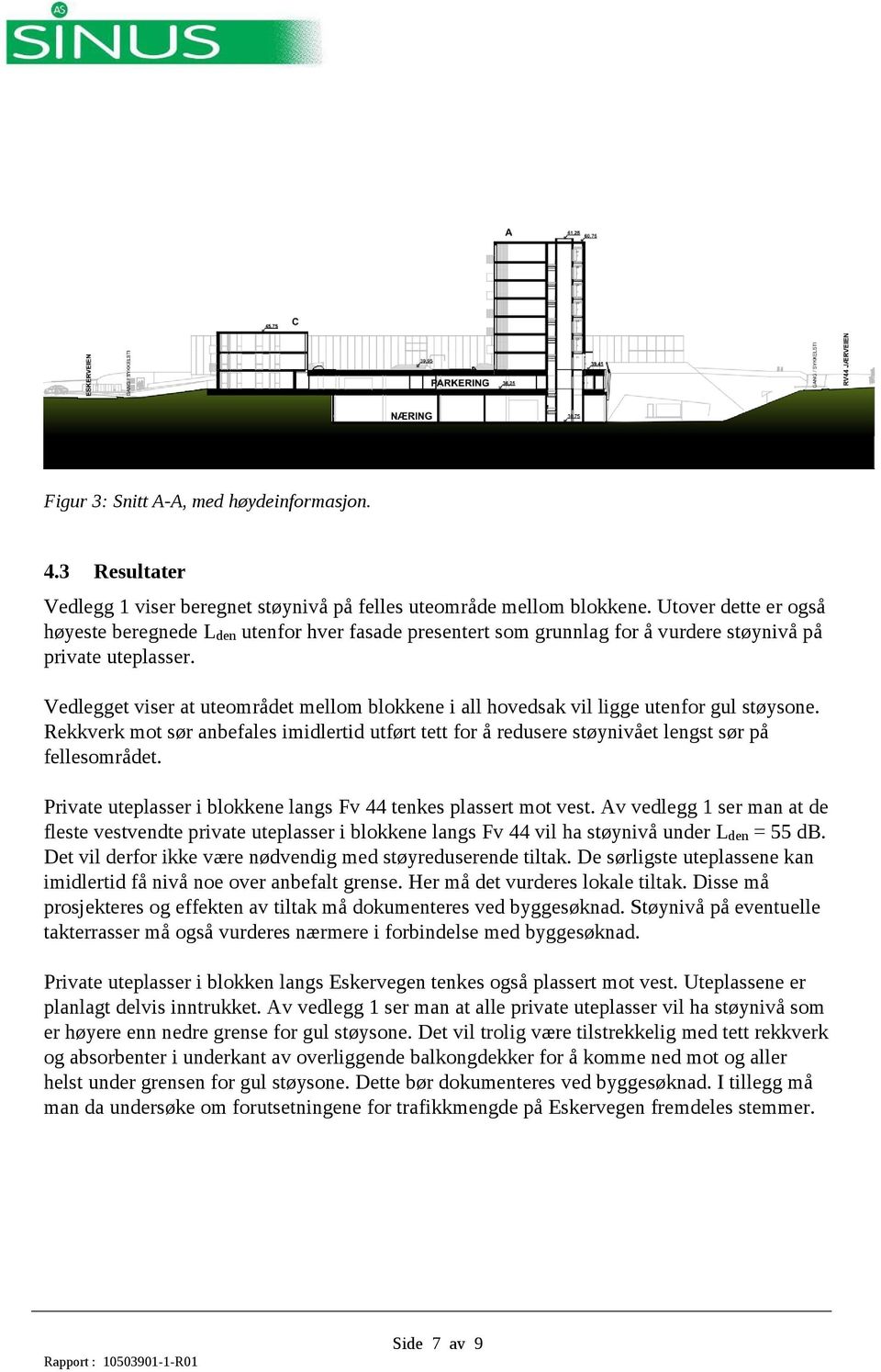 Vedlegget viser at uteområdet mellom blokkene i all hovedsak vil ligge utenfor gul støysone. Rekkverk mot sør anbefales imidlertid utført tett for å redusere støynivået lengst sør på fellesområdet.