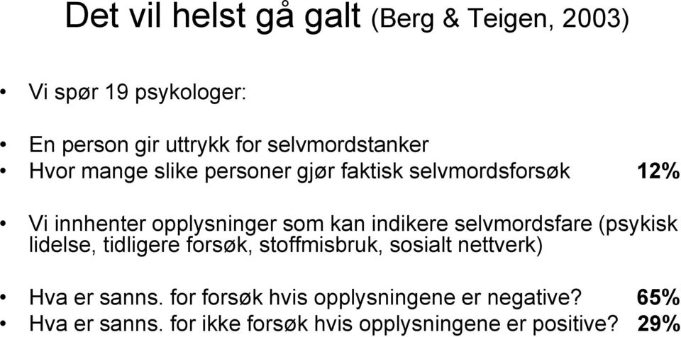 kan indikere selvmordsfare (psykisk lidelse, tidligere forsøk, stoffmisbruk, sosialt nettverk) Hva er