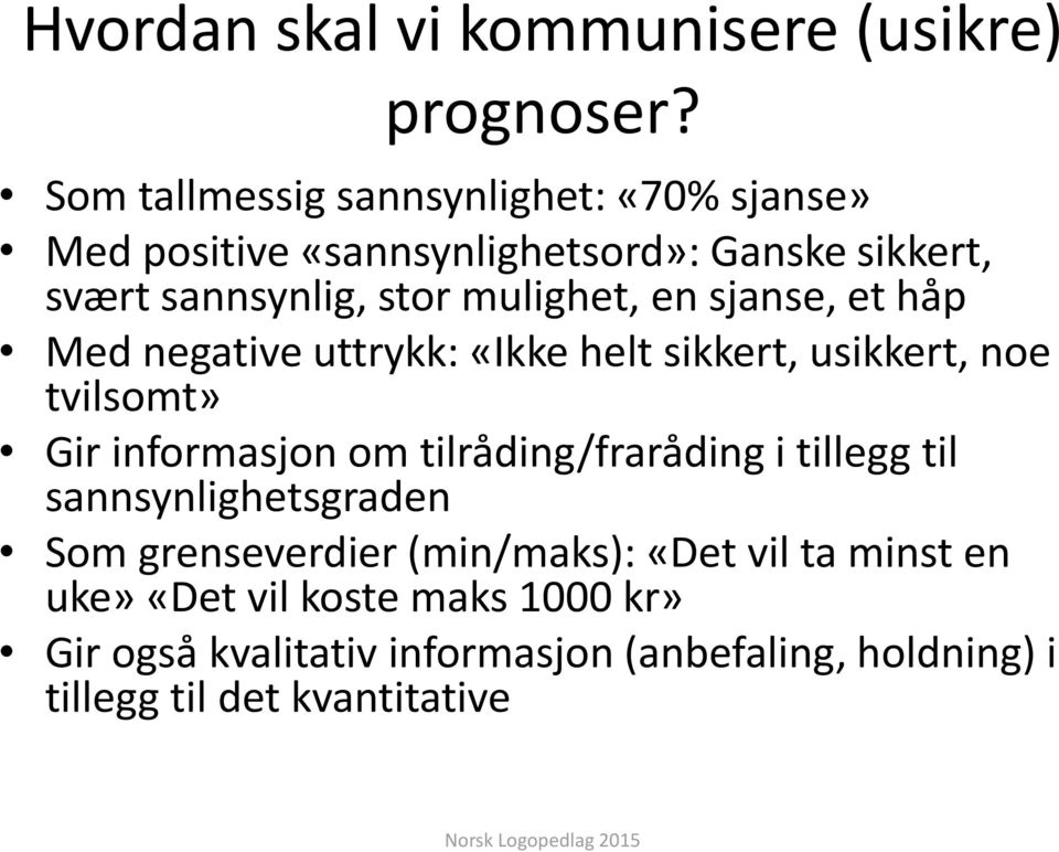 sjanse, et håp Med negative uttrykk: «Ikke helt sikkert, usikkert, noe tvilsomt» Gir informasjon om tilråding/fraråding i tillegg