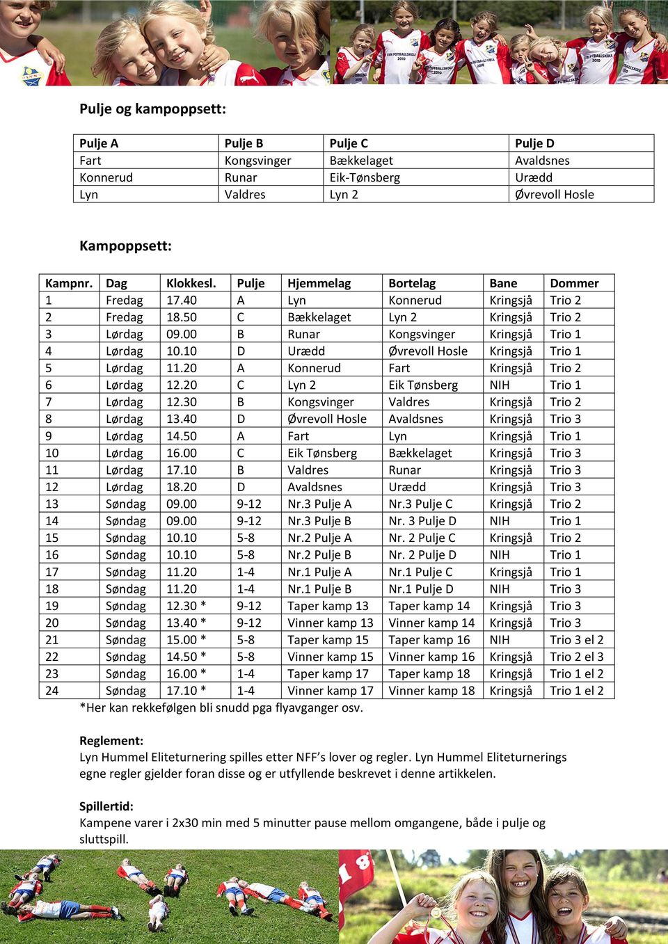 10 D Urædd Øvrevoll Hosle Kringsjå Trio 1 5 Lørdag 11.20 A Konnerud Fart Kringsjå Trio 2 6 Lørdag 12.20 C Lyn 2 Eik Tønsberg NIH Trio 1 7 Lørdag 12.