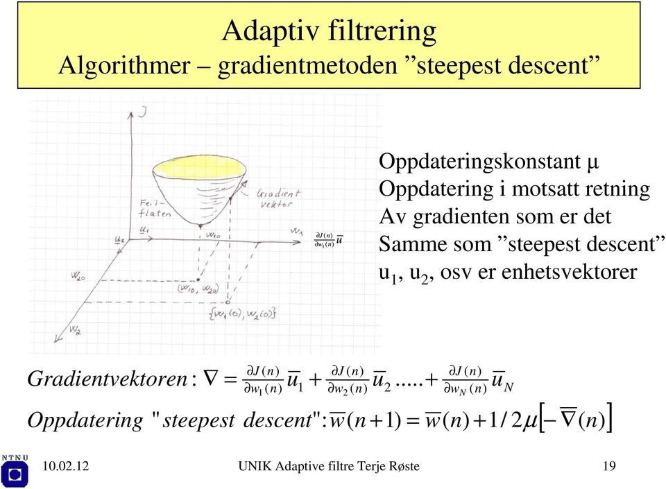 .. : 2 1 2 1 w w descet steepest Oppdaterig u u u ktore Gradietve N w J w J w J N + = + +