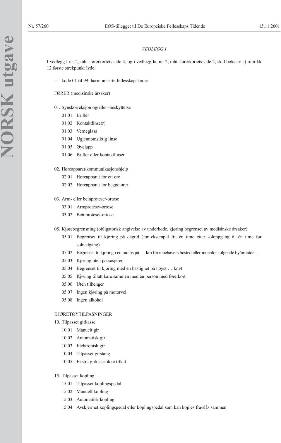 Synskorreksjon og/eller -beskyttelse 01.01 Briller 01.02 Kontaktlinse(r) 01.03 Verneglass 01.04 Ugjennomsiktig linse 01.05 Øyelapp 01.06 Briller eller kontaktlinser 02.