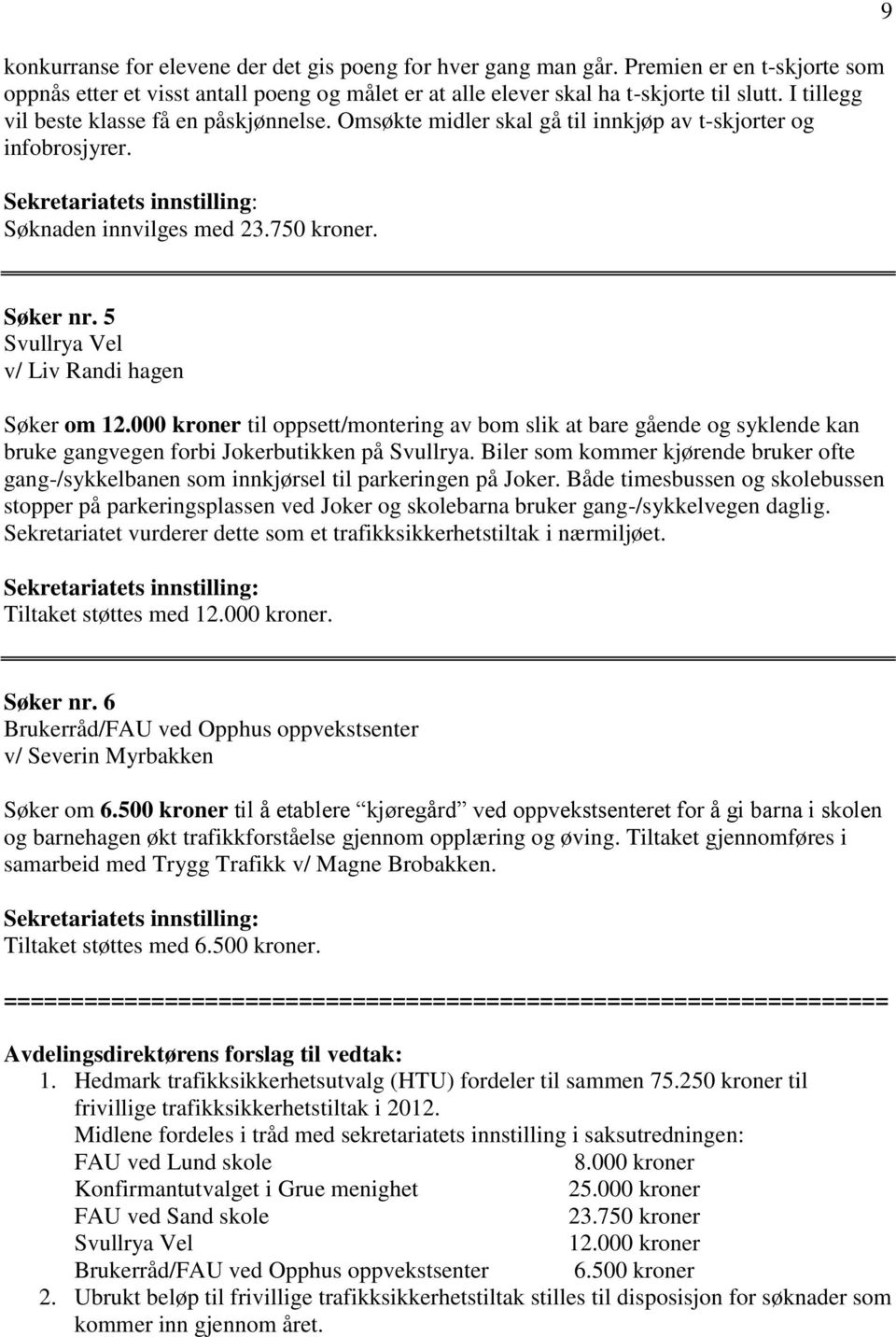 5 Svullrya Vel v/ Liv Randi hagen Søker om 12.000 kroner til oppsett/montering av bom slik at bare gående og syklende kan bruke gangvegen forbi Jokerbutikken på Svullrya.