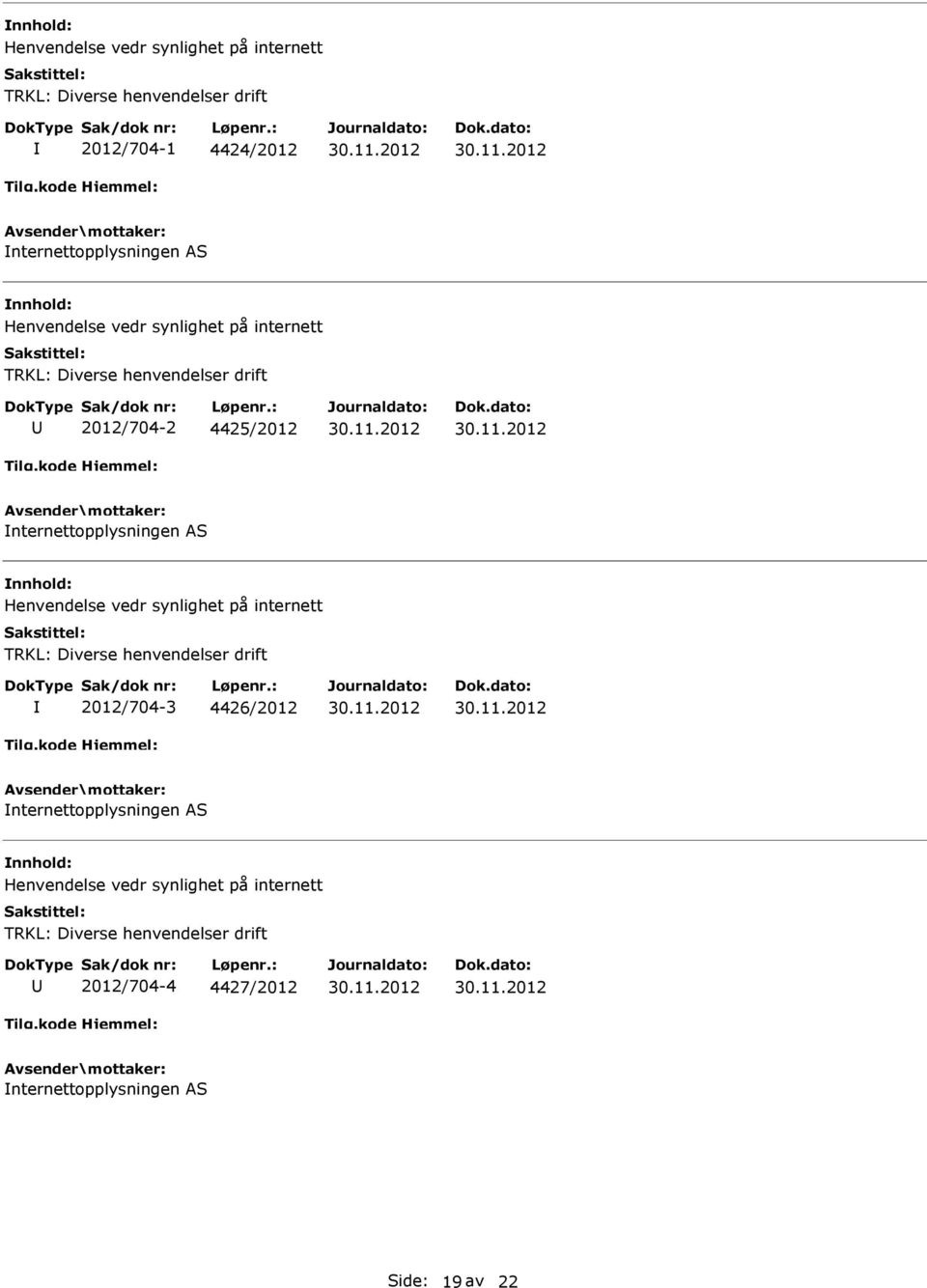 Henvendelse vedr synlighet på internett TRKL: Diverse henvendelser drift 2012/704-3 4426/2012 nternettopplysningen AS