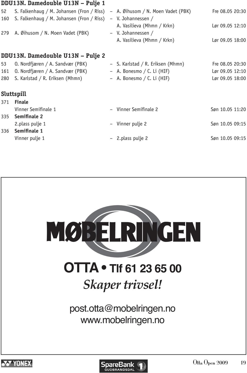 Sandvær (PBK) S. Karlstad / R. Eriksen (Mhmn) Fre 08.05 20:30 161 O. Nordfjæren / A. Sandvær (PBK) A. Bonesmo / C. Li (HIF) Lør 09.