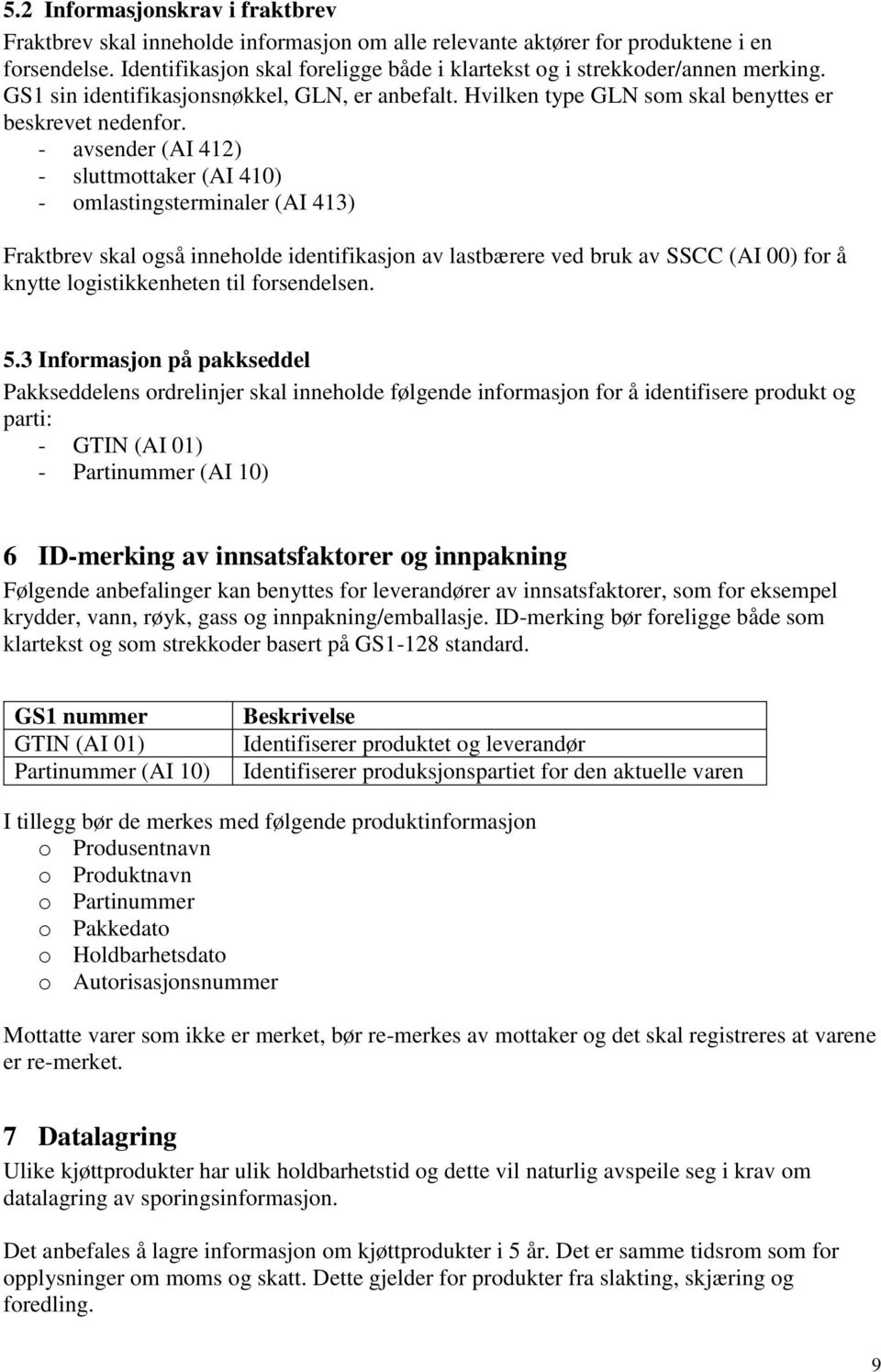 - avsender (AI 412) - sluttmottaker (AI 410) - omlastingsterminaler (AI 413) Fraktbrev skal også inneholde identifikasjon av lastbærere ved bruk av SSCC (AI 00) for å knytte logistikkenheten til