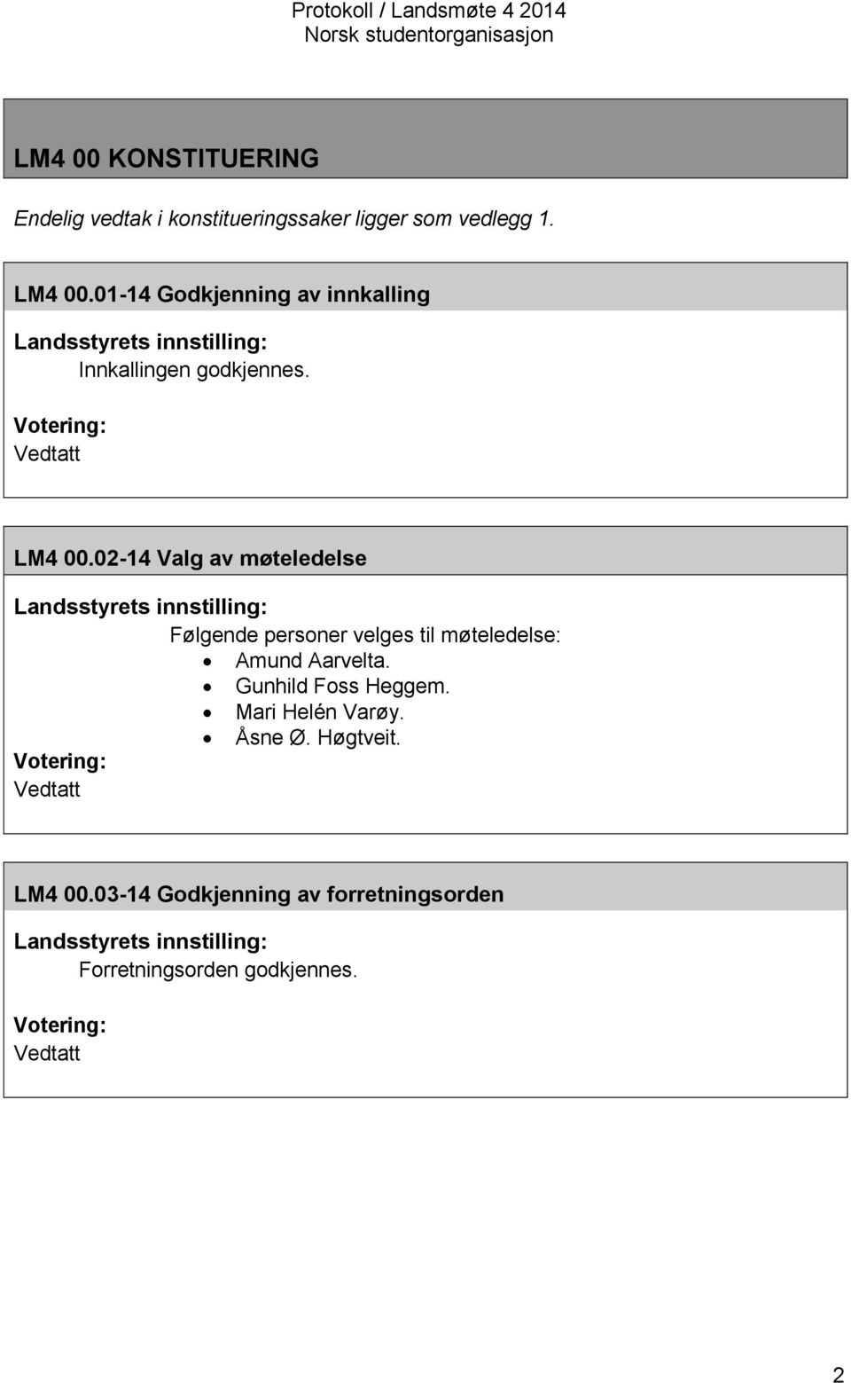 02-14 Valg av møteledelse Landsstyrets innstilling: Følgende personer velges til møteledelse: Amund Aarvelta.