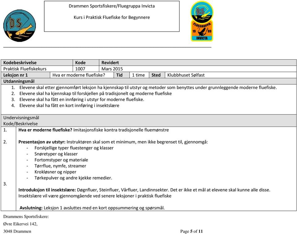 Elevene skal ha kjennskap til forskjellen på tradisjonelt og moderne fluefiske 3. Elevene skal ha fått en innføring i utstyr for moderne fluefiske. 4.