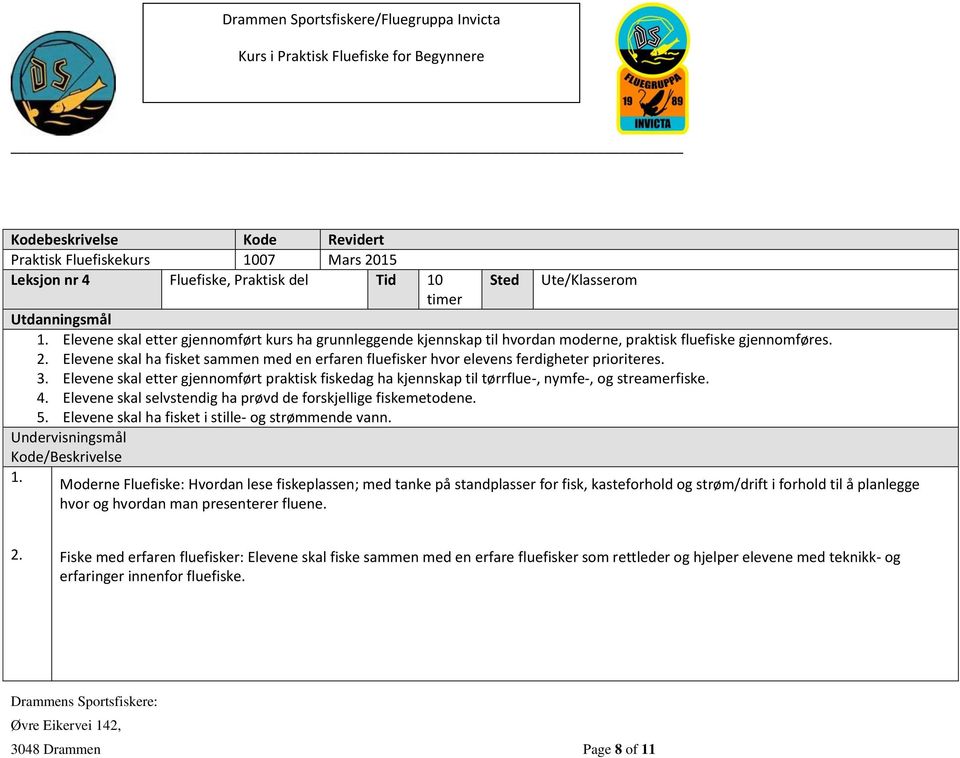 Elevene skal ha fisket sammen med en erfaren fluefisker hvor elevens ferdigheter prioriteres. 3. Elevene skal etter gjennomført praktisk fiskedag ha kjennskap til tørrflue-, nymfe-, og streamerfiske.