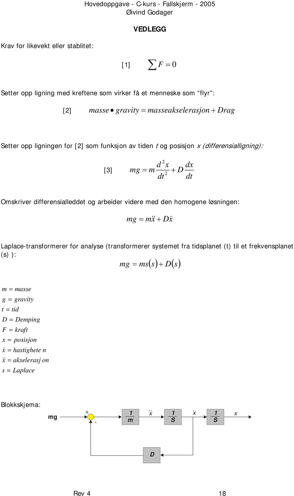 differensialleddet og arbeider videre med den homogene løsningen: mg = mx & + Dx& Laplace-transformerer for analyse (transformerer systemet fra tidsplanet (t) til et