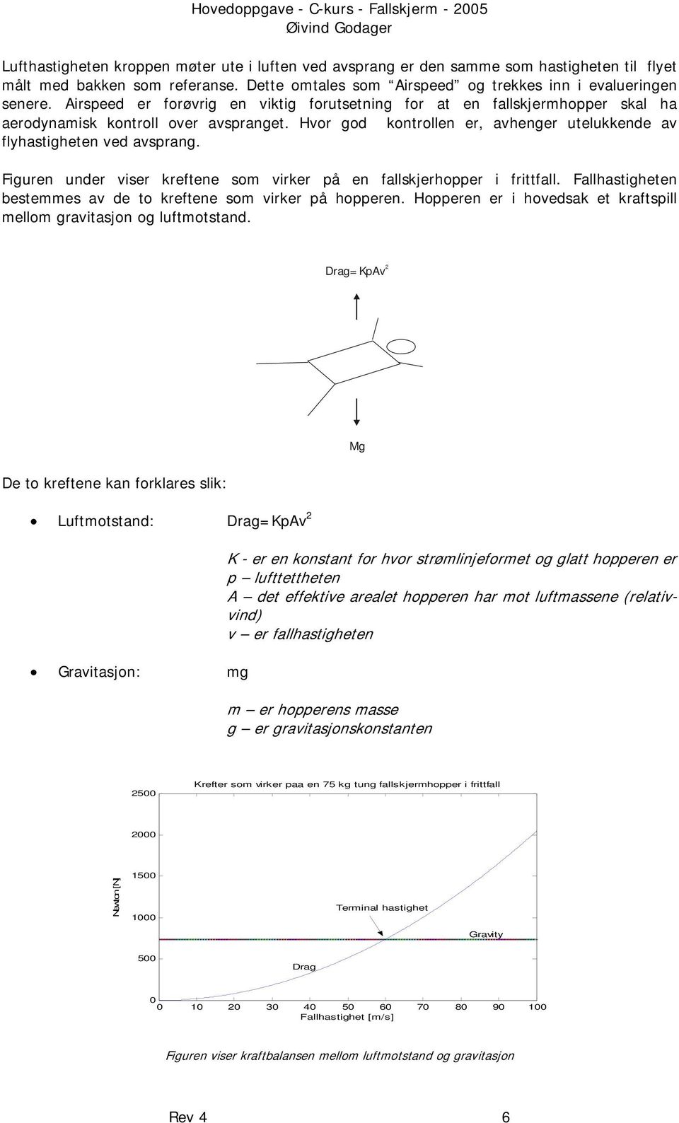 Figuren under viser kreftene som virker på en fallskjerhopper i frittfall. Fallhastigheten bestemmes av de to kreftene som virker på hopperen.