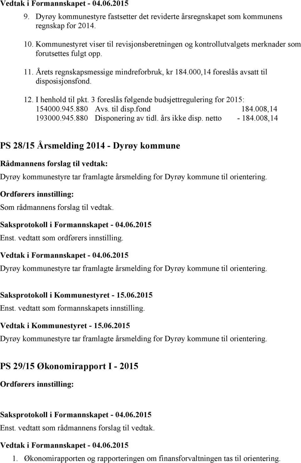 I henhold til pkt. 3 foreslås følgende budsjettregulering for 2015: 154000.945.880 Avs. til disp.fond 184.008,14 193000.945.880 Disponering av tidl. års ikke disp. netto - 184.