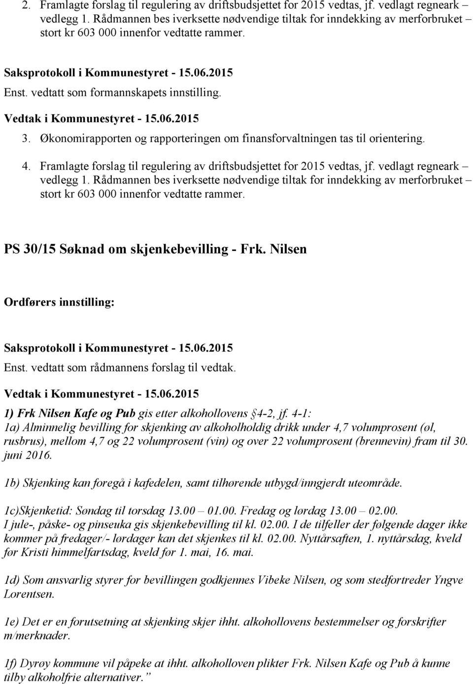 Økonomirapporten og rapporteringen om finansforvaltningen tas til orientering. 4. Framlagte forslag til regulering av driftsbudsjettet for 2015 vedtas, jf. vedlagt regneark vedlegg 1.