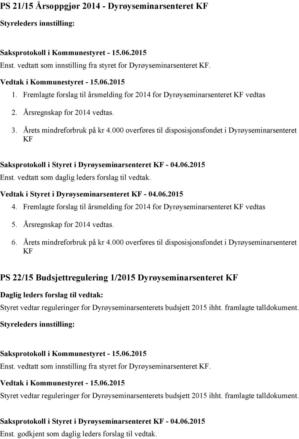 000 overføres til disposisjonsfondet i Dyrøyseminarsenteret KF Saksprotokoll i Styret i Dyrøyseminarsenteret KF - 04.06.2015 Enst. vedtatt som daglig leders forslag til vedtak.