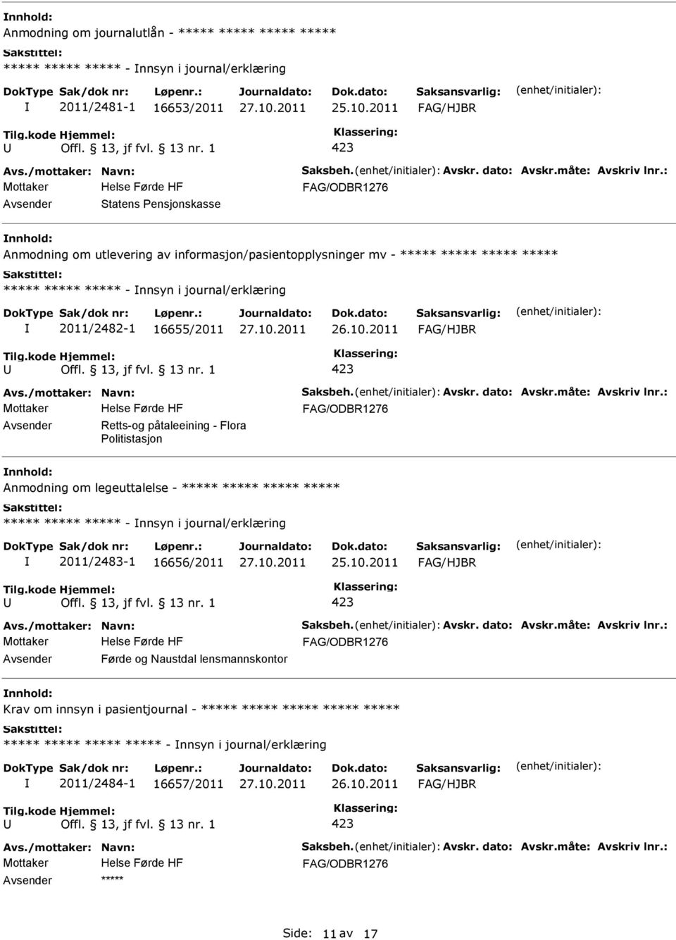 2011/2482-1 16655/2011 Retts-og påtaleeining - Flora olitistasjon Anmodning om legeuttalelse - - nnsyn i journal/erklæring