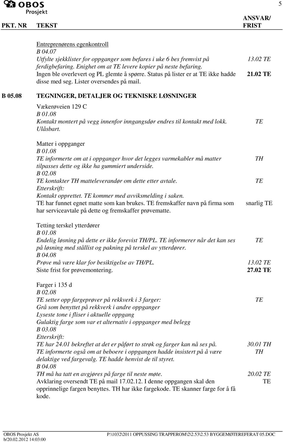 08 Kontakt montert på vegg innenfor inngangsdør endres til kontakt med lokk. Ulåsbart. Matter i oppganger B 01.