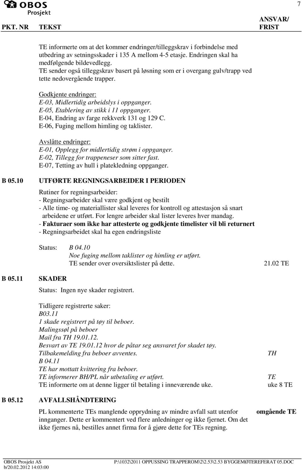 E-05, Etablering av stikk i 11 oppganger. E-04, Endring av farge rekkverk 131 og 129 C. E-06, Fuging mellom himling og taklister. Avslåtte endringer: E-01, Opplegg for midlertidig strøm i oppganger.