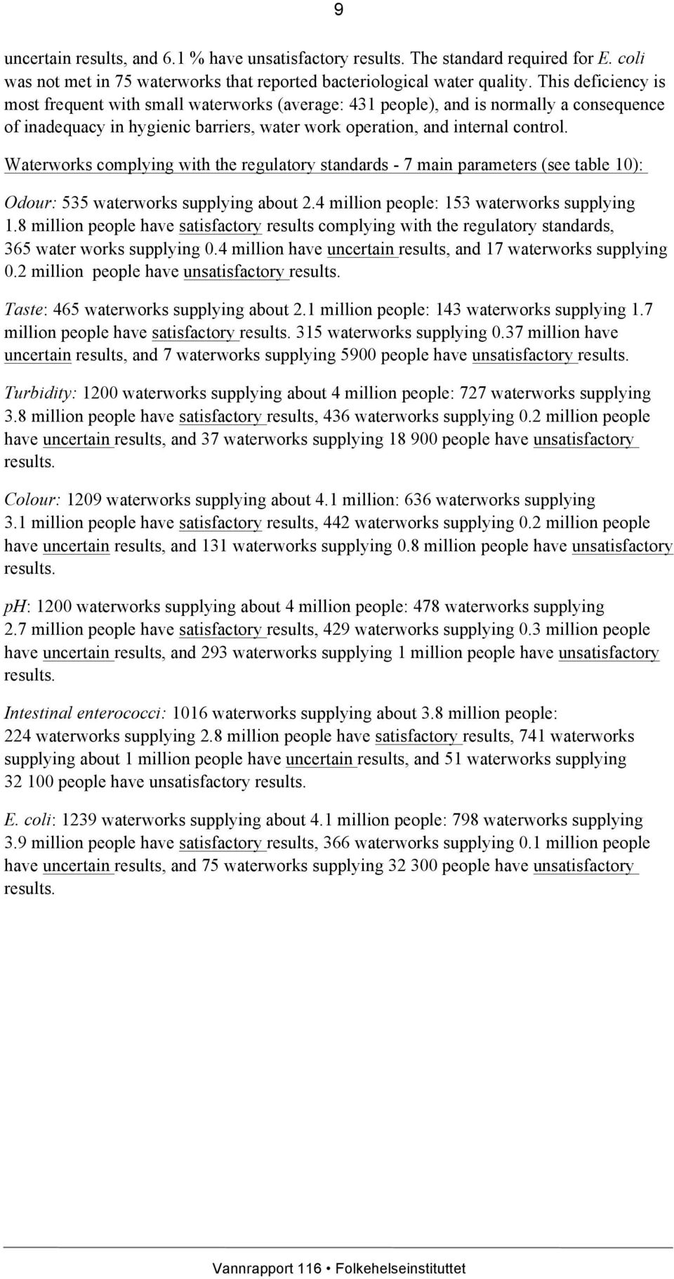 Waterworks complying with the regulatory standards - 7 main parameters (see table 10): Odour: 535 waterworks supplying about 2.4 million people: 153 waterworks supplying 1.