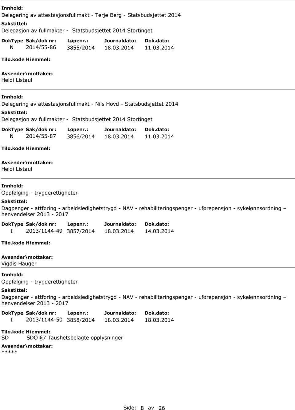 2014 Heidi Listaul Oppfølging - trygderettigheter Dagpenger - attføring - arbeidsledighetstrygd - NAV - rehabiliteringspenger - uførepensjon - sykelønnsordning henvendelser 2013-2017 2013/1144-49