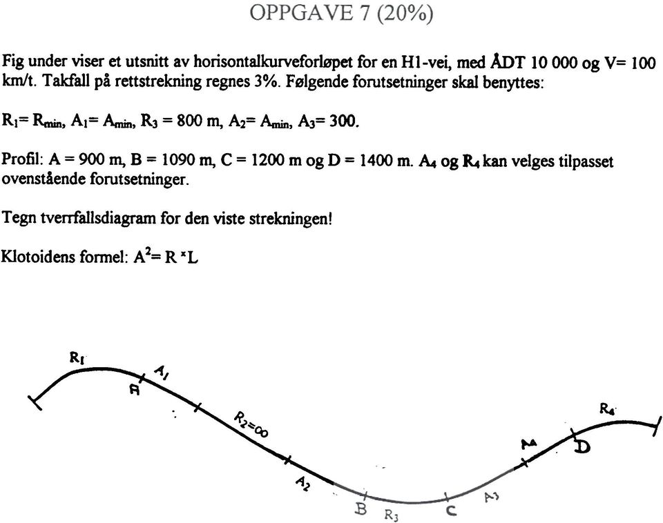 R3 = 800 In, A2= Amin. A3= 300. Profil: A = 900 In, B = 1090 In, C = 1200 m og D = 1400 m.