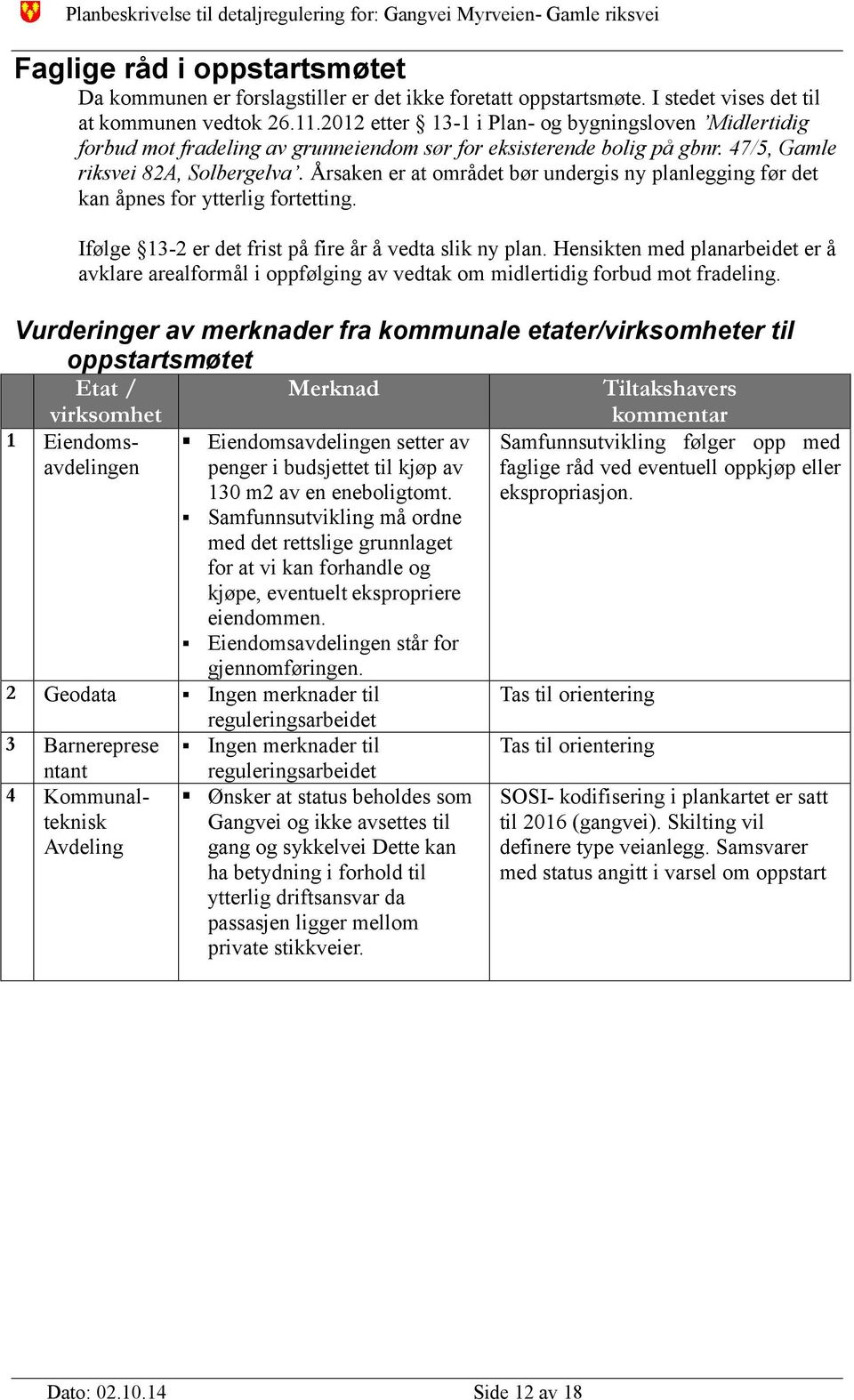 Årsaken er at området bør undergis ny planlegging før det kan åpnes for ytterlig fortetting. Ifølge 13-2 er det frist på fire år å vedta slik ny plan.