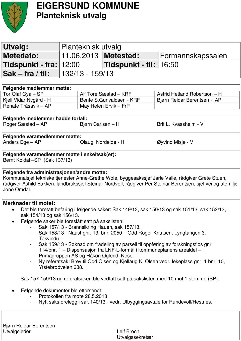 Kjell Vidar Nygård - H Bente S.Gunvaldsen - KRF Bjørn Reidar Berentsen - AP Renate Tråsavik AP May Helen Ervik FrP Følgende medlemmer hadde forfall: Roger Sæstad AP Bjørn Carlsen H Brit L.