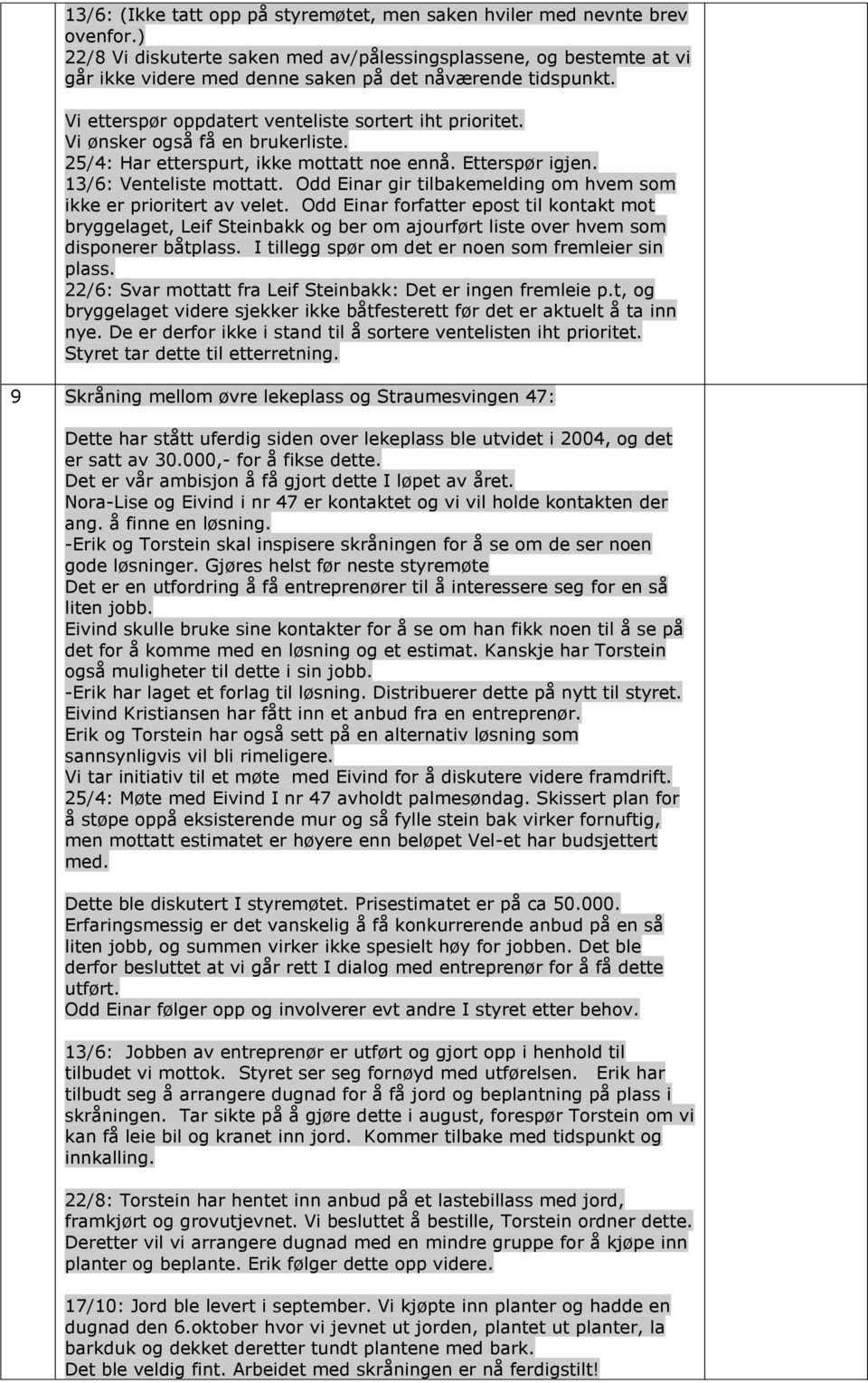 Vi ønsker også få en brukerliste. 25/4: Har etterspurt, ikke mottatt noe ennå. Etterspør igjen. 13/6: Venteliste mottatt. Odd Einar gir tilbakemelding om hvem som ikke er prioritert av velet.