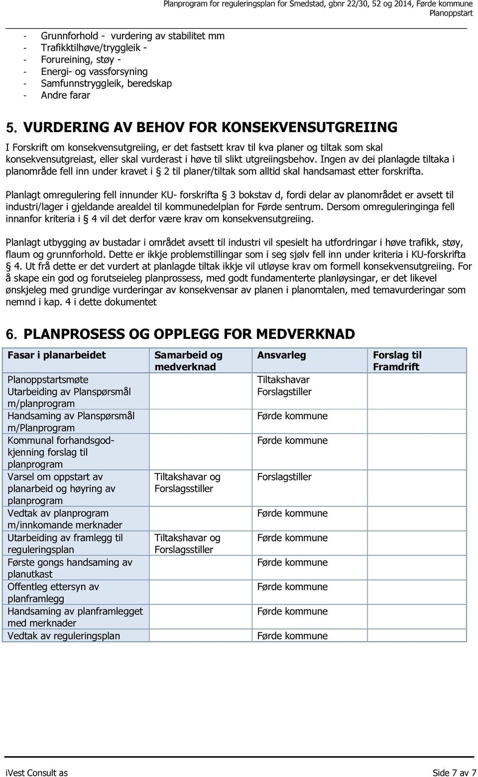 eller skal vurderast i høve til slikt utgreiingsbehov. Ingen av dei planlagde tiltaka i planområde fell inn under kravet i 2 til planer/tiltak som alltid skal handsamast etter forskrifta.