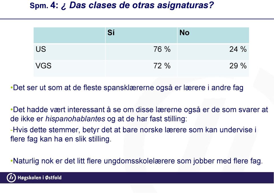 vært interessant å se om disse lærerne også er de som svarer at de ikke er hispanohablantes og at de har fast