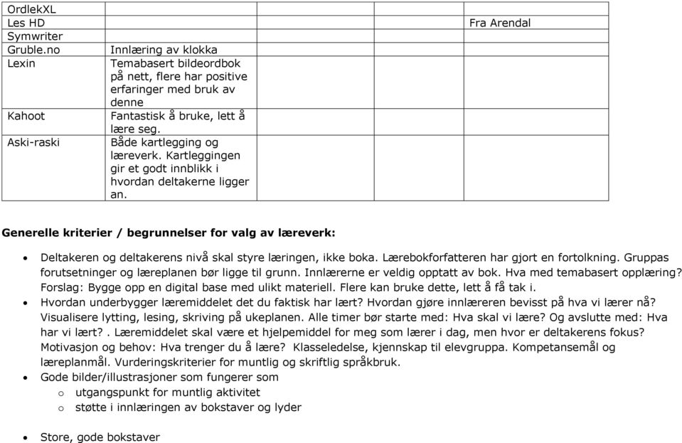 Fra Arendal Generelle kriterier / begrunnelser for valg av læreverk: Deltakeren og deltakerens nivå skal styre læringen, ikke boka. Lærebokforfatteren har gjort en fortolkning.