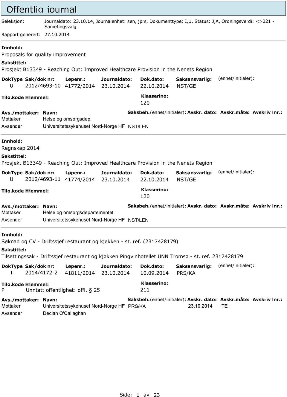 2014 nnhold: roposals for quality improvement rosjekt B13349 - Reaching Out: mproved Healthcare rovision in the Nenets Region U 2012/4693-10 41772/2014 22.10.2014 NST/GE 120 Avs.