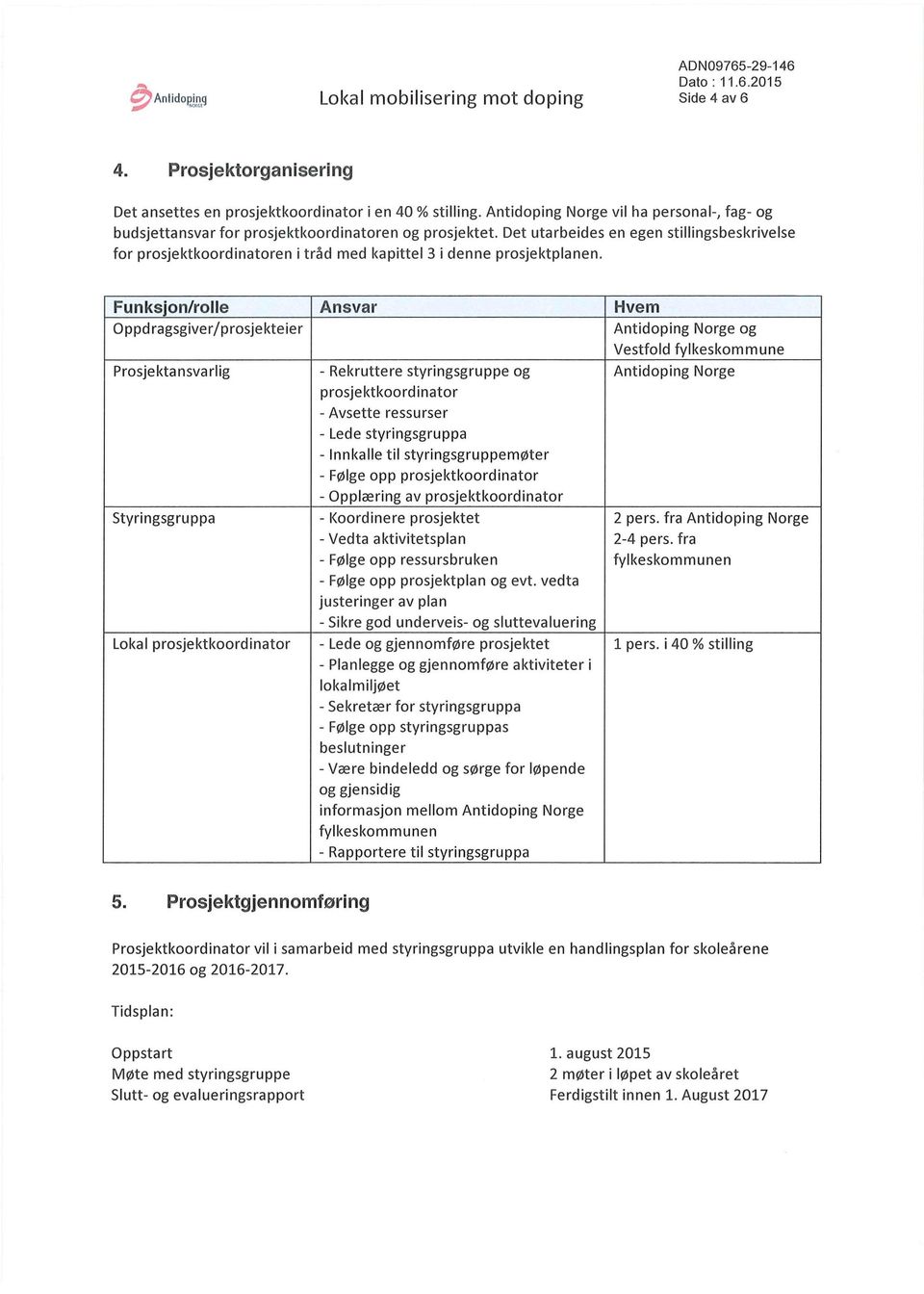 Det utarbeides en egen stillingsbeskrivelse for prosjektkoordinatoren itråd med kapittel 3 i denne prosjektplanen.