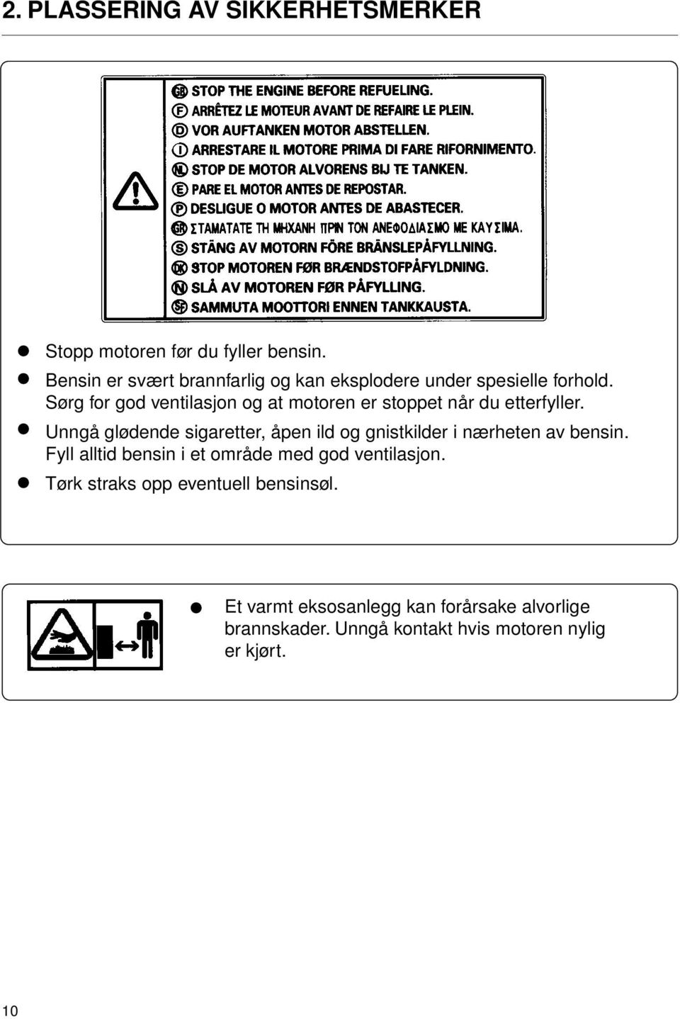 Sørg for god ventilasjon og at motoren er stoppet når du etterfyller.