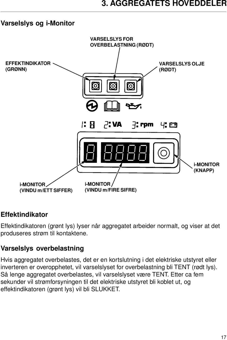 Varselslys overbelastning Hvis aggregatet overbelastes, det er en kortslutning i det elektriske utstyret eller inverteren er overopphetet, vil varselslyset for overbelastning bli TENT