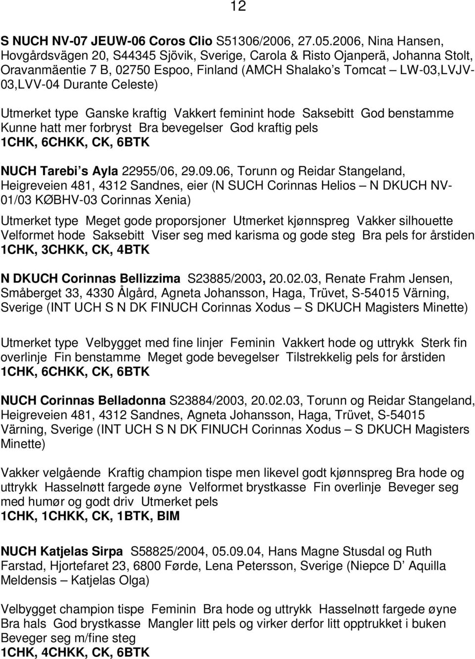 Celeste) Utmerket type Ganske kraftig Vakkert feminint hode Saksebitt God benstamme Kunne hatt mer forbryst Bra bevegelser God kraftig pels 1CHK, 6CHKK, CK, 6BTK NUCH Tarebi s Ayla 22955/06, 29.09.