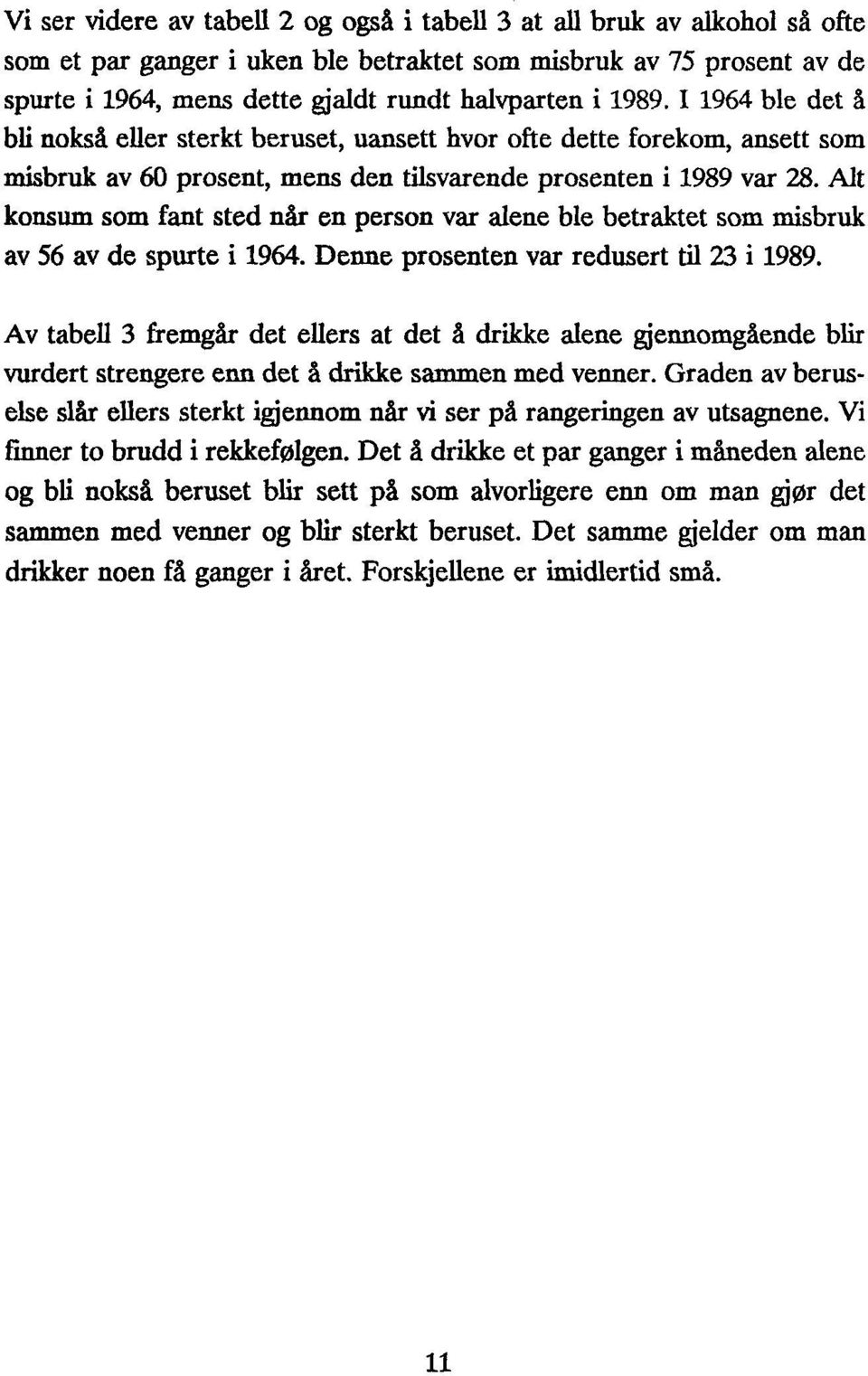 Alt konsum som fant stednår en person var alene ble betraktet som misbruk av 56 av de spurte i 1964. Denne prosenten var redusert til 23 i 1989.