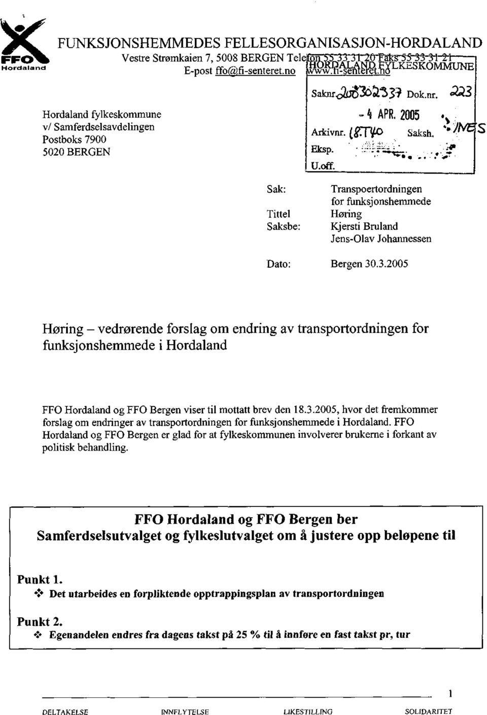 ' ::v:-ri^ Sak: Tittel Saksbe: Transpoertordningen for funksjonshemmede Høring Kjersti Bruland Jens-Olav Johannessen Dato: Bergen 30