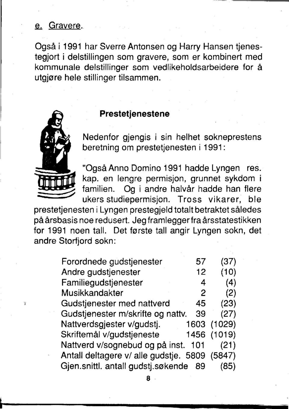 tilsammen. Prestetjenestene Nedenfor gjengis i sin helhet sokneprestens beretning om prestetjenesten i 1991 : "Oqsa Anno Domino 1991 hadde Lyngen res. kap.