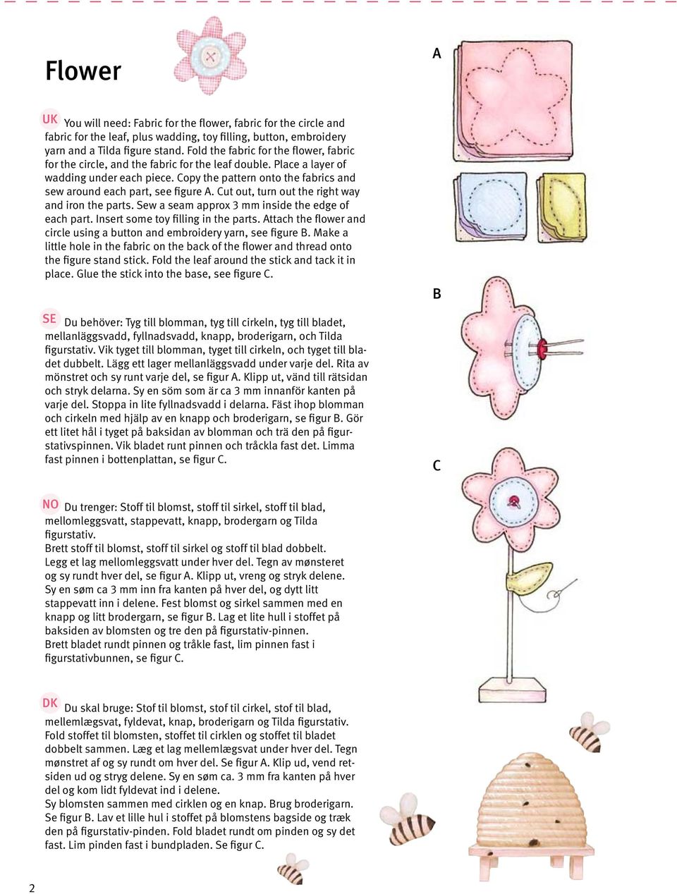 Copy the pattern onto the fabrics and sew around each part, see figure A. Cut out, turn out the right way and iron the parts. Sew a seam approx 3 mm inside the edge of each part.