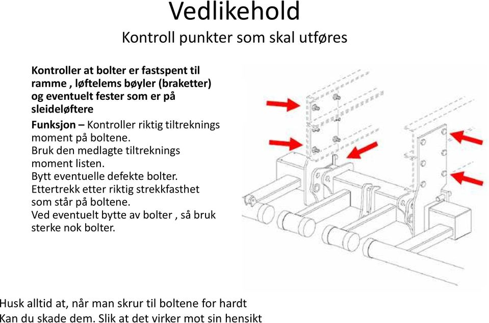 Bytt eventuelle defekte bolter. Ettertrekk etter riktig strekkfasthet som står på boltene.