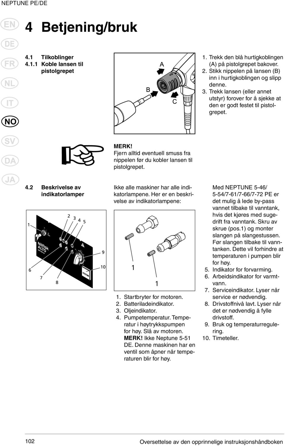 Fjern alltid eventuell smuss fra nippelen før du kobler lansen til pistolgrepet. 4.2 Beskrivelse av indikatorlamper 1 6 7 8 2 3 4 5 1 9 10 Ikke alle maskiner har alle indikatorlampene.