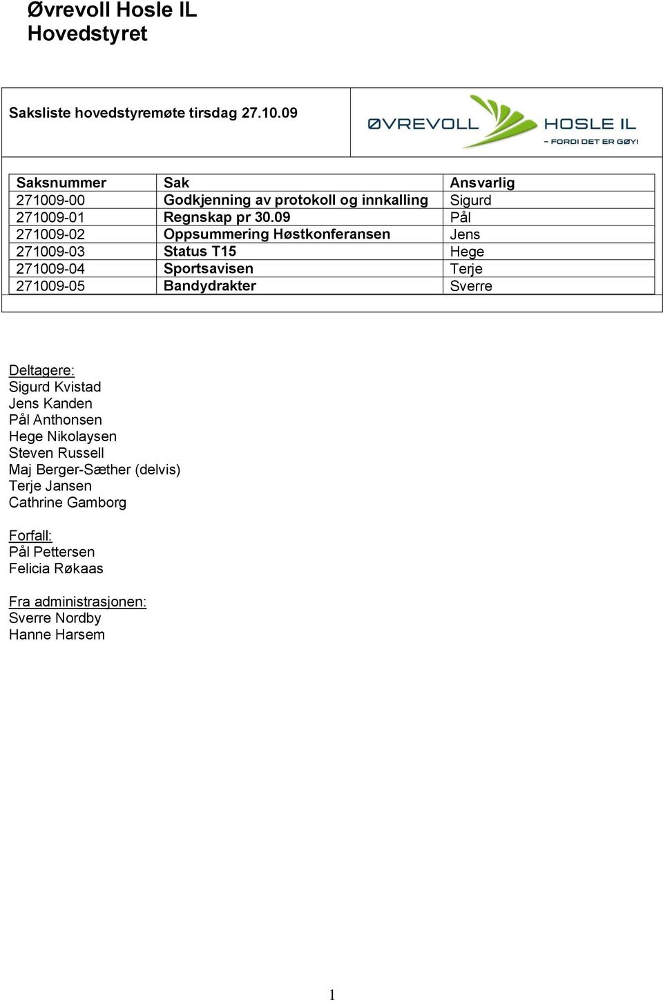 09 Pål 271009-02 Oppsummering Høstkonferansen Jens 271009-03 Status T15 Hege 271009-04 Sportsavisen Terje 271009-05