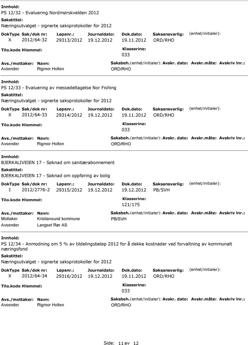 Søknad om oppføring av bolig 2012/2776-2 29315/2012 PB/SVH 121/175 PB/SVH vsender Langset Rør S nnhold: PS 12/34 -