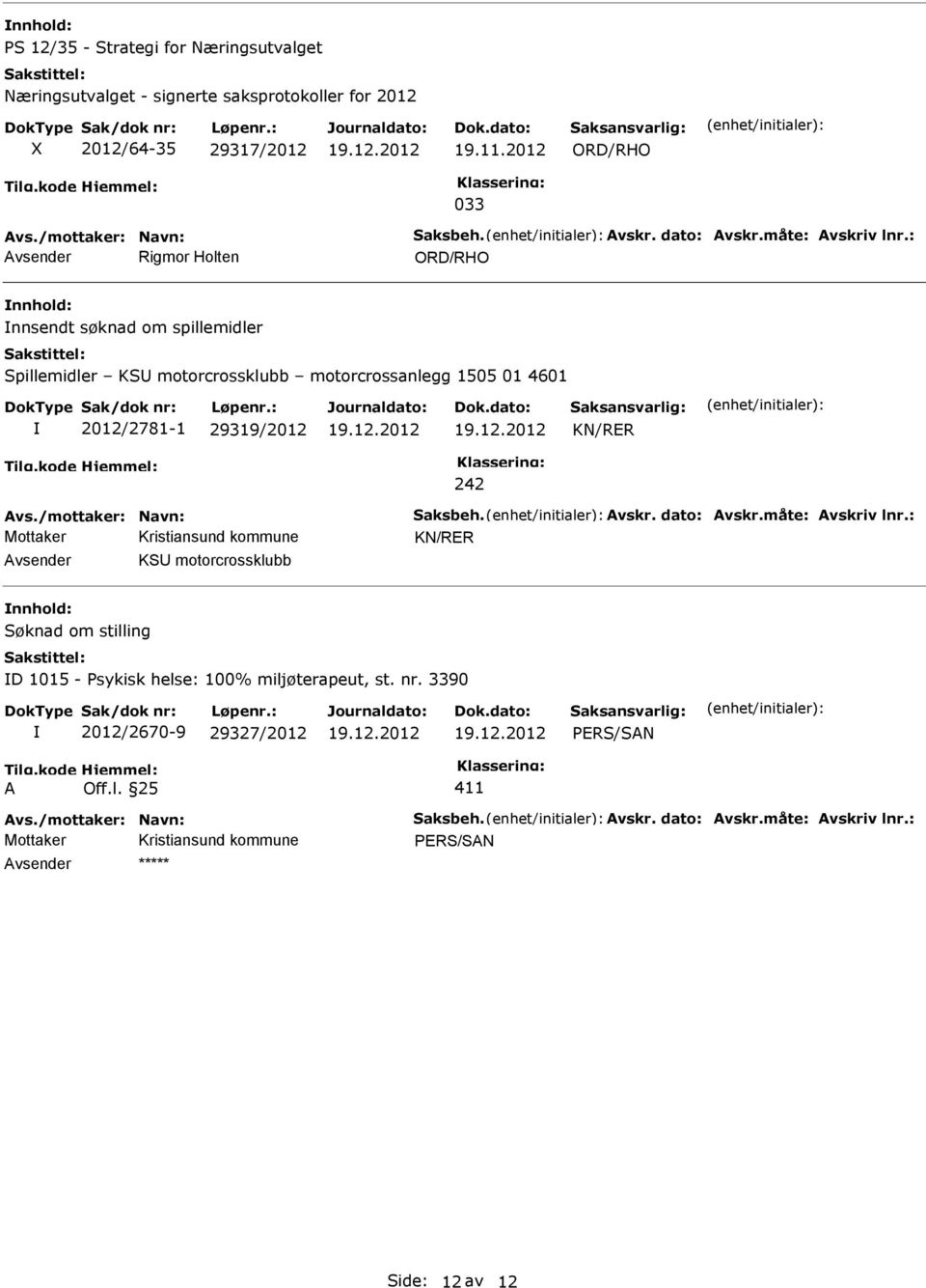 2012/2781-1 29319/2012 KN/RER 242 KN/RER vsender KS motorcrossklubb nnhold: D 1015 -