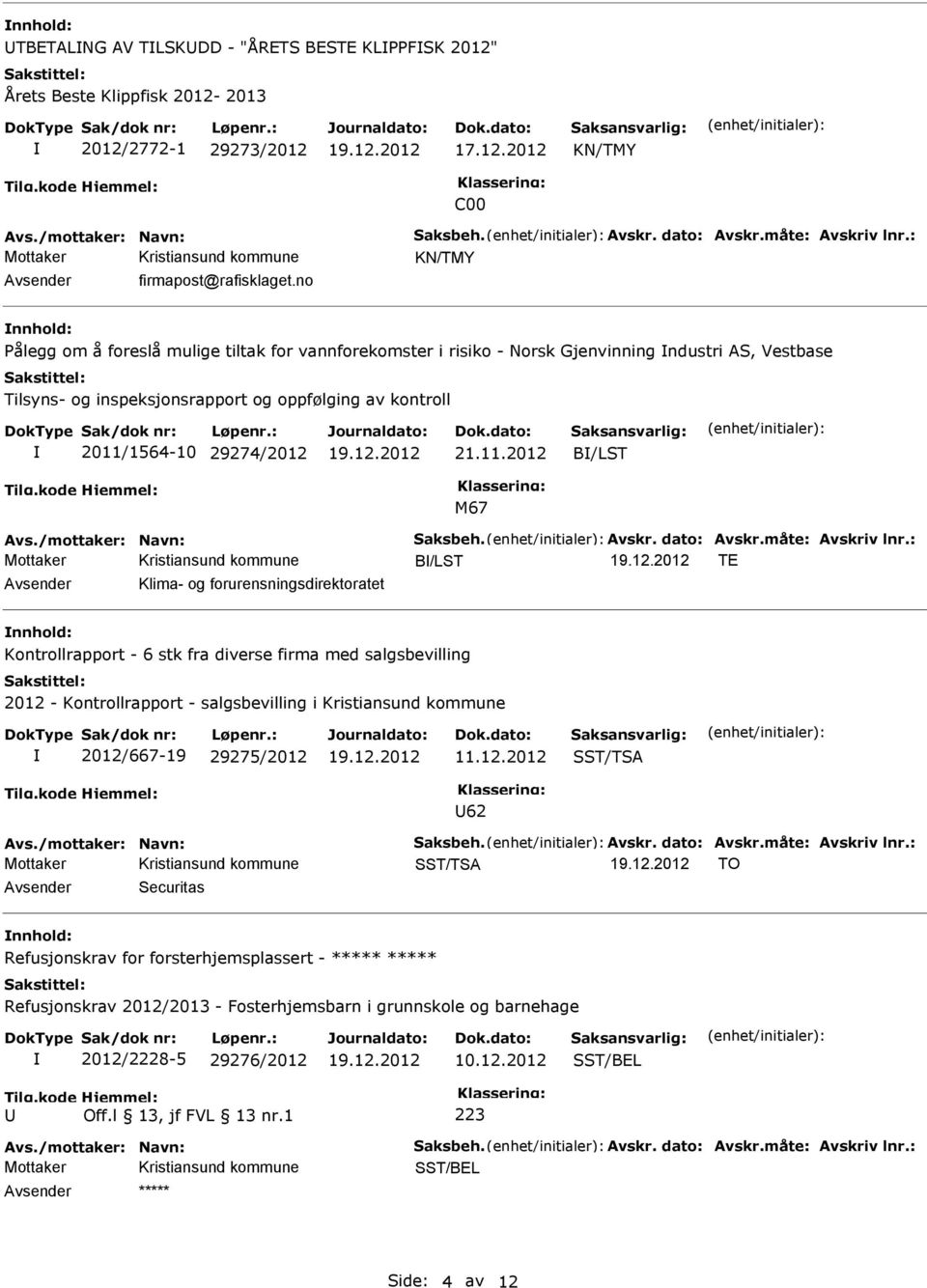 11.2012 B/LST M67 B/LST TE vsender Klima- og forurensningsdirektoratet nnhold: Kontrollrapport - 6 stk fra diverse firma med salgsbevilling 2012 - Kontrollrapport - salgsbevilling i Kristiansund