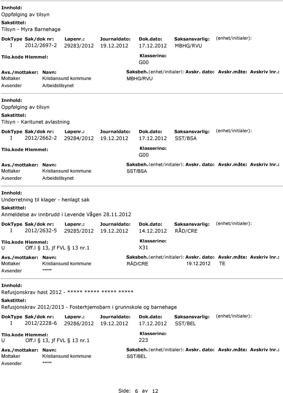 12.2012 SST/BS G00 SST/BS vsender rbeidstilsynet nnhold: nderretning til klager - henlagt sak nmeldelse av innbrudd i Levende Vågen 28.11.